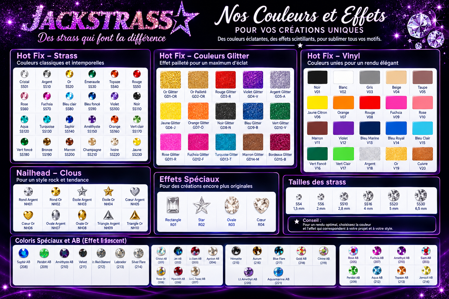 Nuancier Jack Strass : couleurs et effets des strass hot-fix, glitter, vinyl, clous et coloris AB
