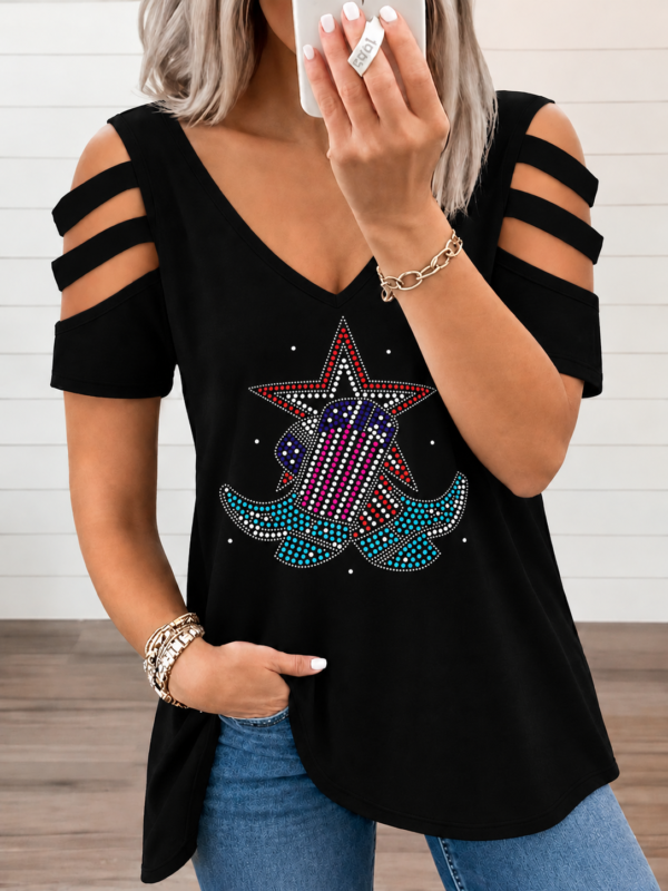 T-shirt femme trois bandes d'épaule avec dessin strass - Jack Strass